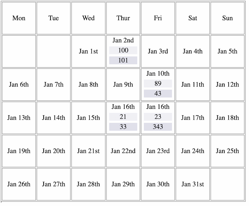 HTML calendar example